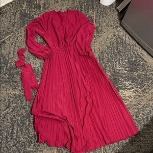 Pleated Long Sleeve Midi Dress - Wine Red